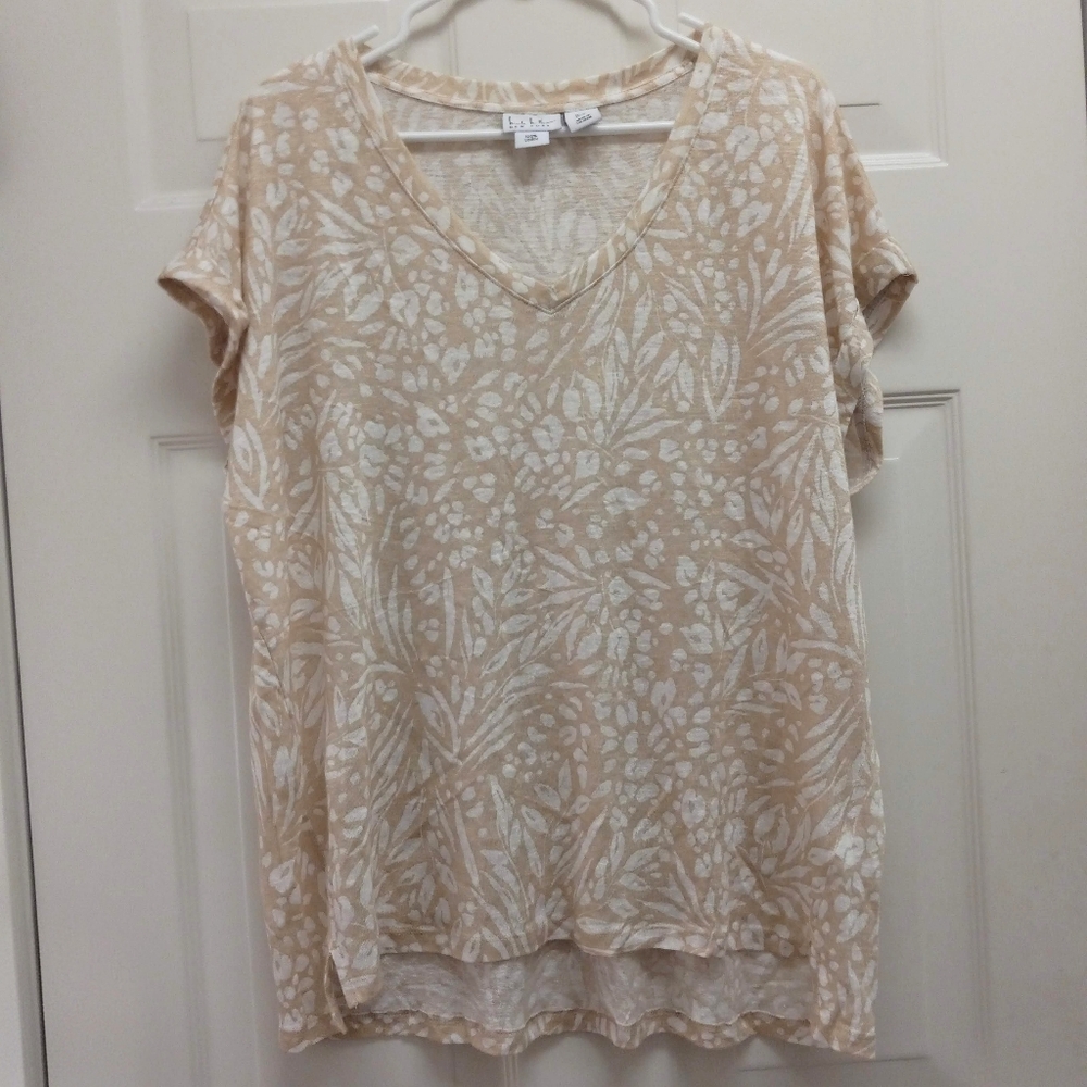 Nicole Miller 100% Linen Top Beige XL Floral V Neck Coastal Summer Resortwear
